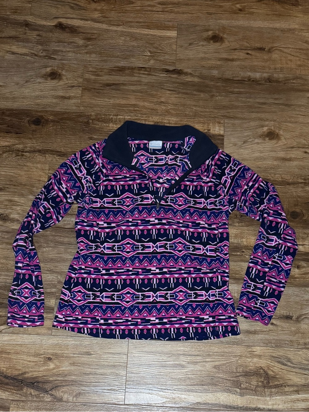 Navy and Pink Patterned Long-Sleeve Pullover Sweater